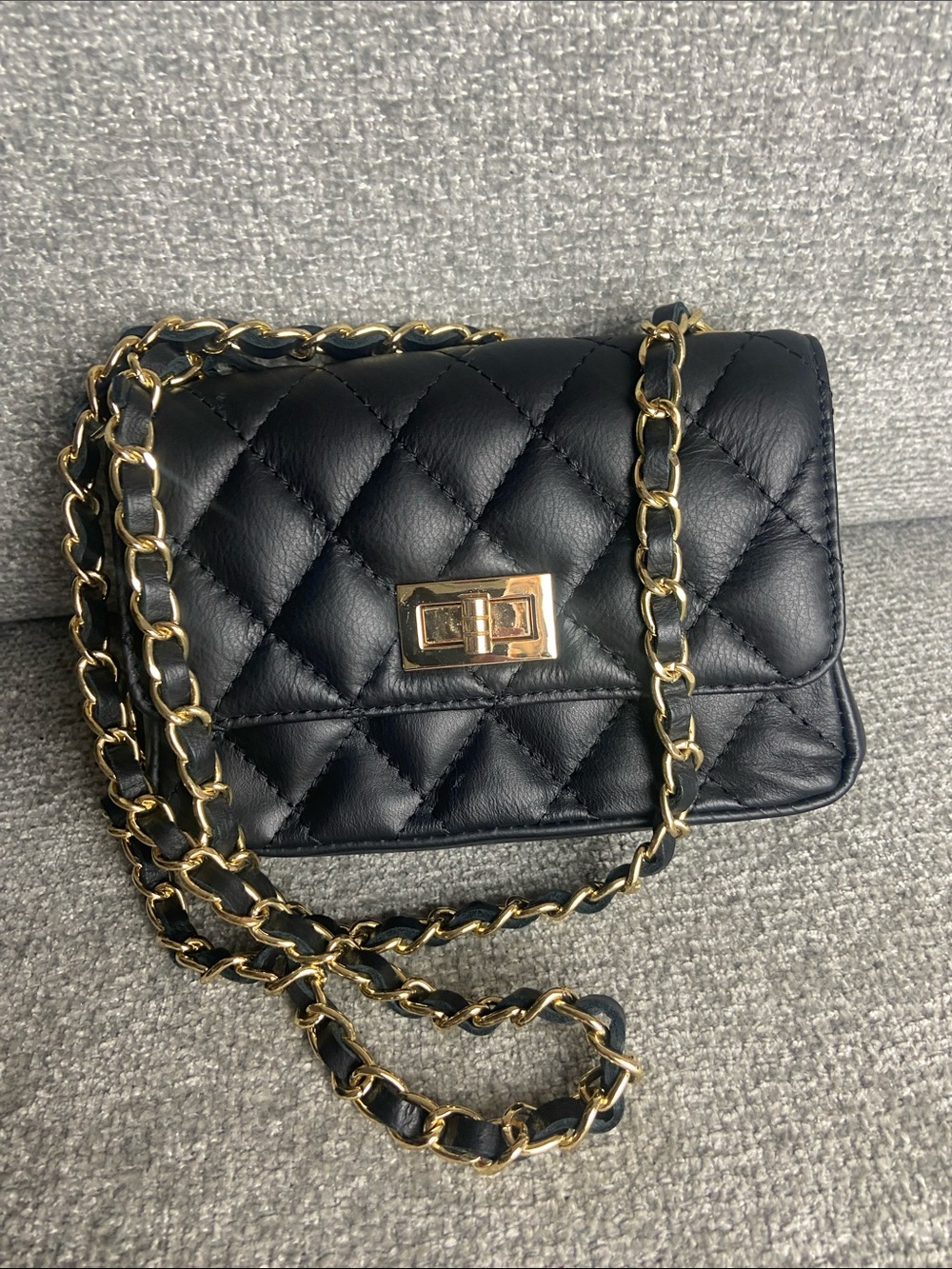 Italian Leather Black Quilted Crossbody Bag with Gold Chain Strap